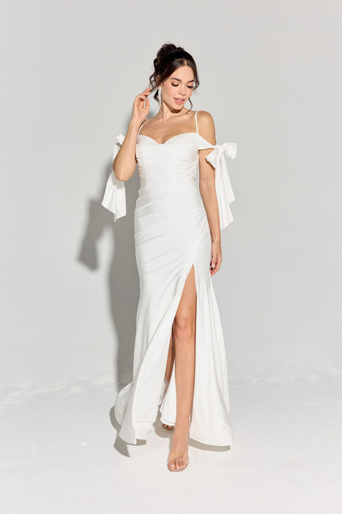 Eureka 9181 jersey fitted cold shoulder slit gown — OFFWHITE