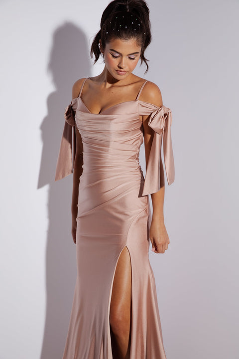 Eureka 9181 jersey fitted cold shoulder slit gown — TEAROSE