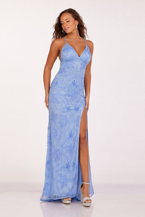 Abby Paris 92132 Sequin Print V-Neck Slit Gown