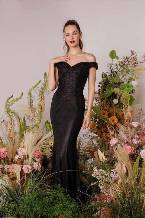 Eureka 9306 metallic glitter off shoulder gown — BLACK