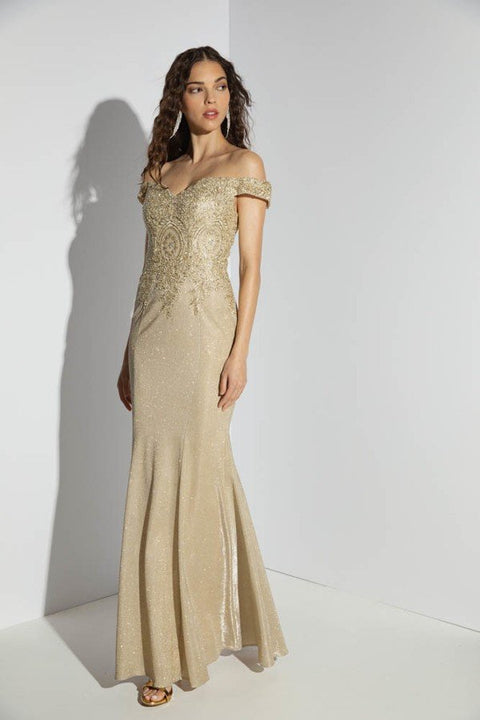 Eureka 9306 metallic glitter off shoulder gown — CHAMPAGNE