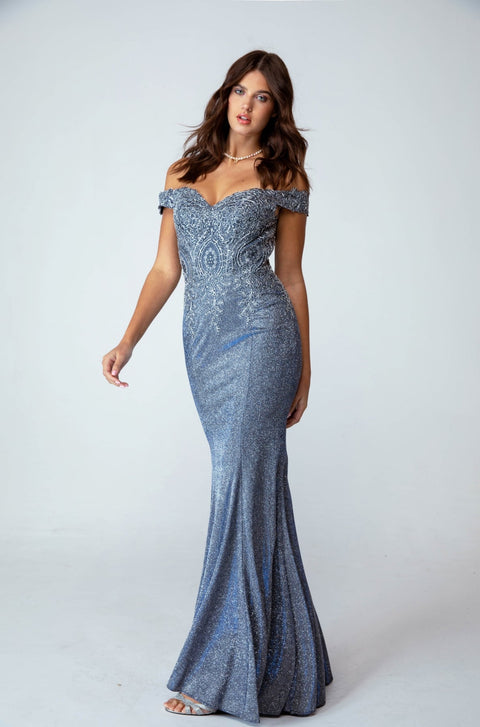 Eureka 9306 metallic glitter off shoulder gown — PERIBLUE