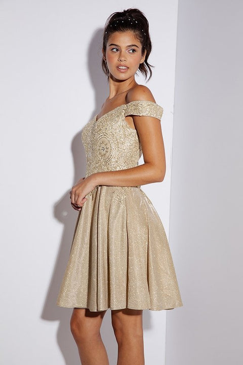 Eureka 9366 glitter short off shoulder a-line dress — CHAMPAGNE