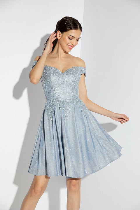 Eureka 9366 glitter short off shoulder a-line dress — ICEBLUE