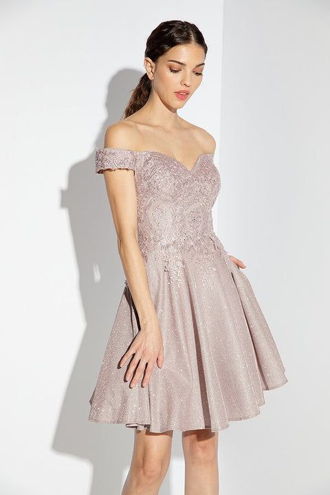 Eureka 9366 glitter short off shoulder a-line dress — ROSEGOLD