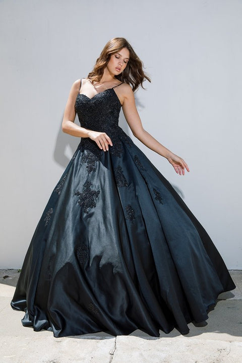 Eureka 9500 applique satin sleeveless a-line gown — BLACK