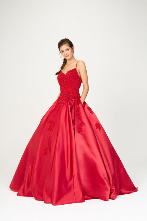 Eureka 9500 applique satin sleeveless a-line gown — BURGUNDY2