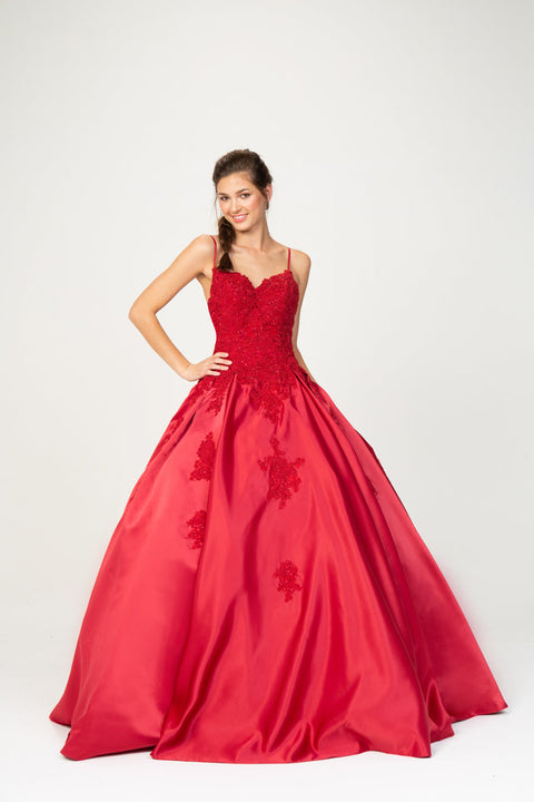 Eureka 9500 applique satin sleeveless a-line gown — BURGUNDY