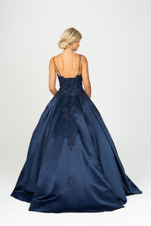 Eureka 9500 applique satin sleeveless a-line gown — NAVY2