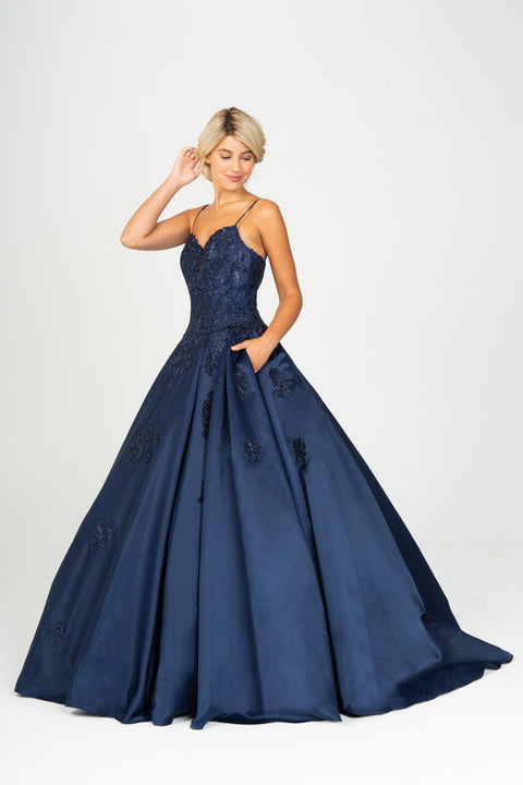 Eureka 9500 applique satin sleeveless a-line gown — NAVY