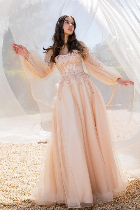 Eureka 9505 strapless puff sleeve a-line gown — CHAMPAGNEROSE