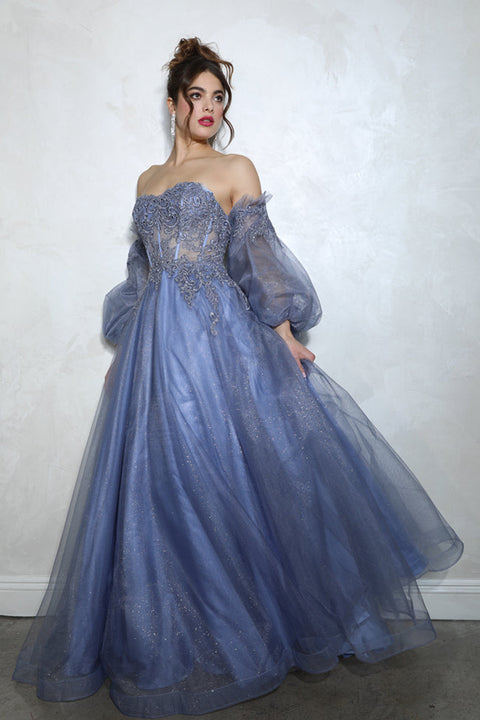 Eureka 9505G strapless puff sleeve a-line gown — SLATEBLUE 29a0f6ed 33cc 4980 a98b c33329ccc012