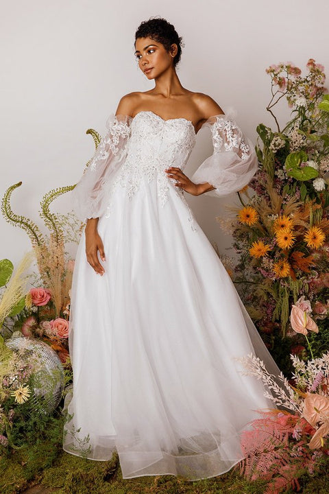 Eureka 9505 strapless puff sleeve a-line gown — OFFWHITE