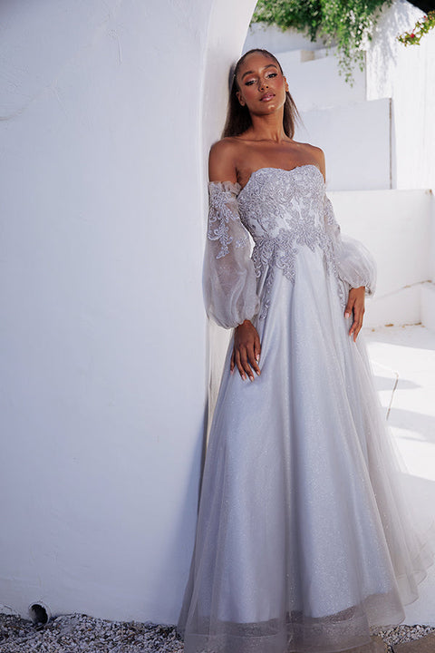 Eureka 9505 strapless puff sleeve a-line gown — SILVER