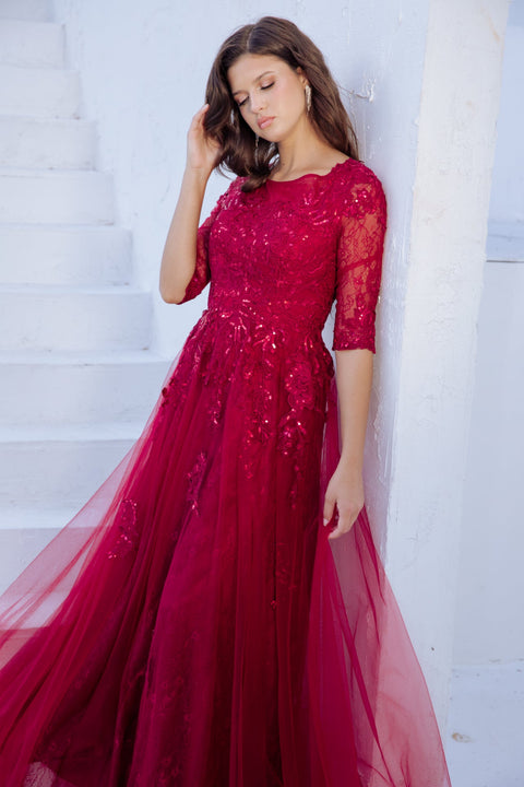 Eureka 9660 lace tulle 3/4 sleeve a-line gown — BURGUDY