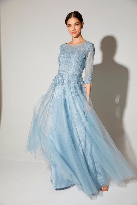 Eureka 9660 lace tulle 3/4 sleeve a-line gown — DUSTYBLUE 24