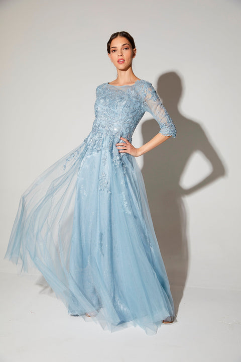 Eureka 9660 lace tulle 3/4 sleeve a-line gown — DUSTYBLUE 37