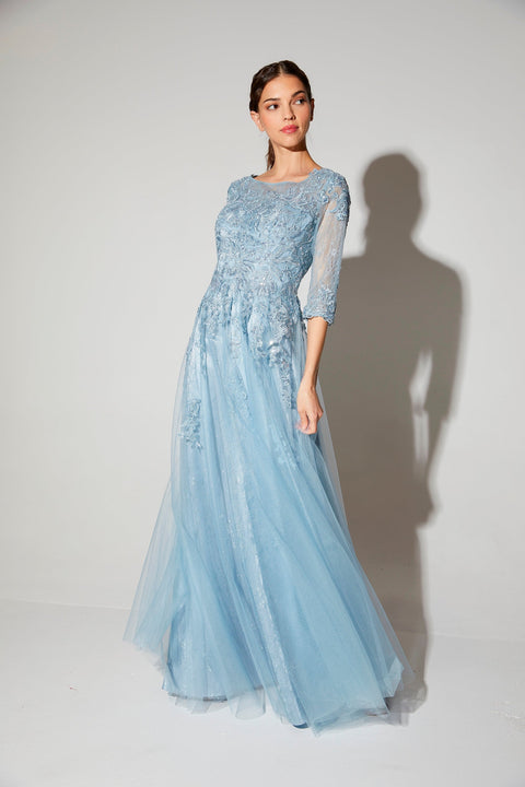 Eureka 9660 lace tulle 3/4 sleeve a-line gown — DUSTYBLUE 39
