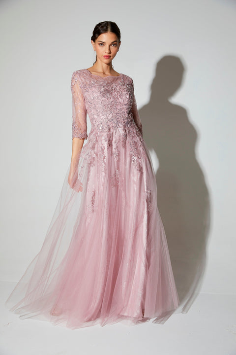 Eureka 9660 lace tulle 3/4 sleeve a-line gown — DUSTYROSE 43
