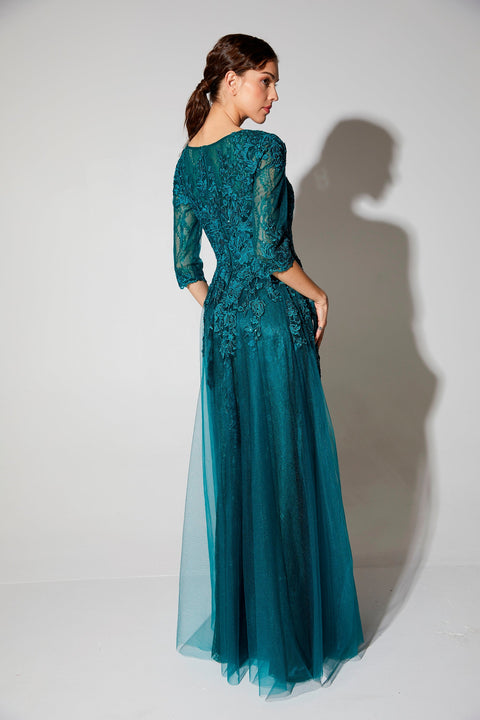 Eureka 9660 lace tulle 3/4 sleeve a-line gown — EMERALD 37