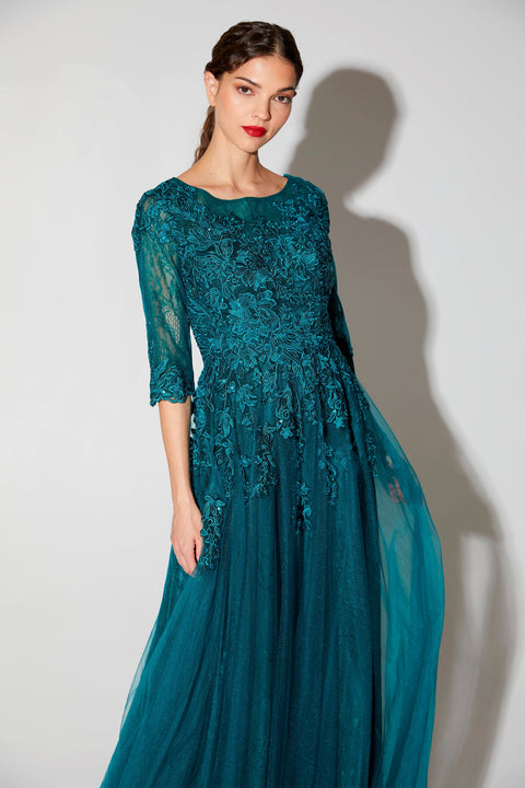 Eureka 9660 lace tulle 3/4 sleeve a-line gown — EMERALD 50
