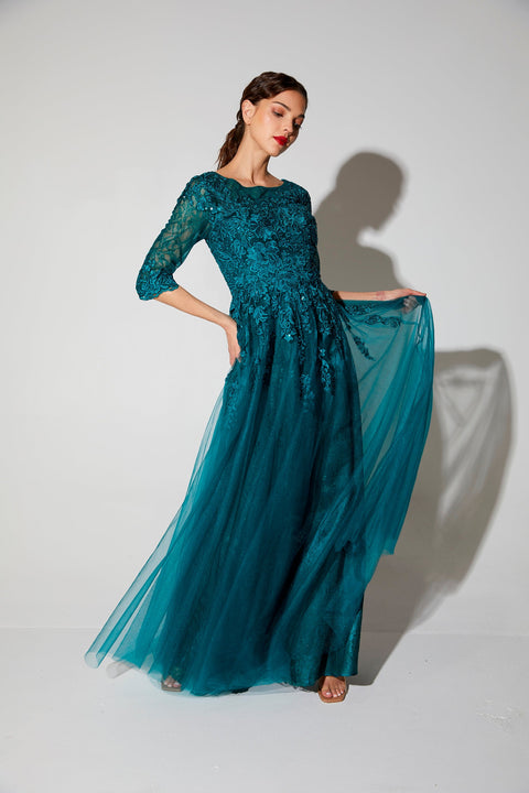 Eureka 9660 lace tulle 3/4 sleeve a-line gown — EMERALD 63