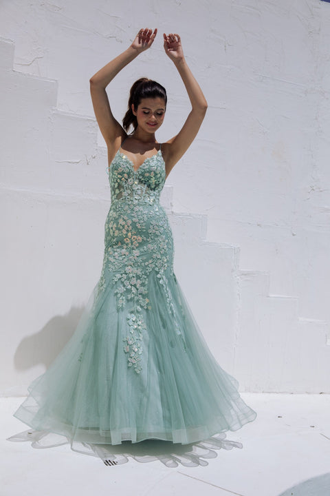 Eureka 9696 sequin applique mermaid dress — SAGE