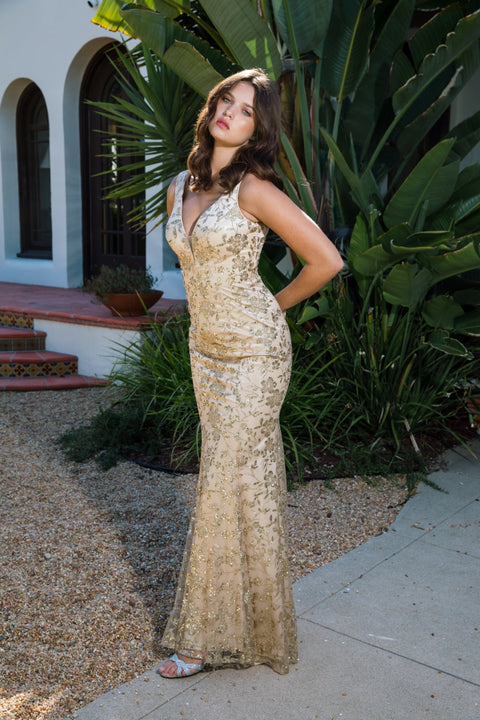 Eureka 9706 glitter print fitted v-neck gown — CHAMPAGNE
