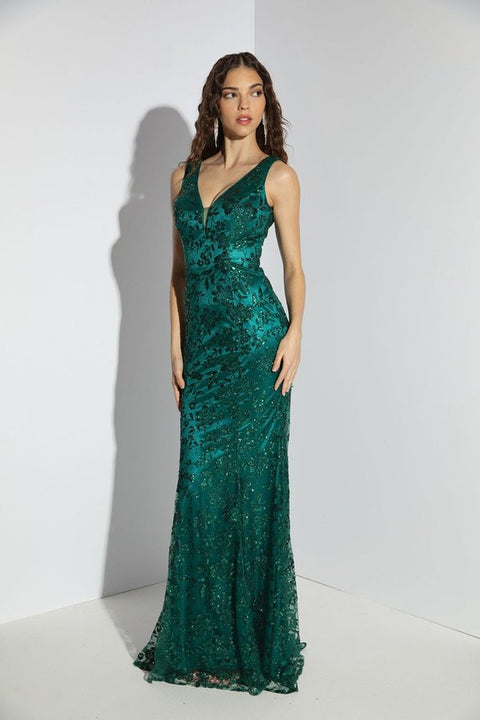 Eureka 9706 glitter print fitted v-neck gown — EMERALDGREEN