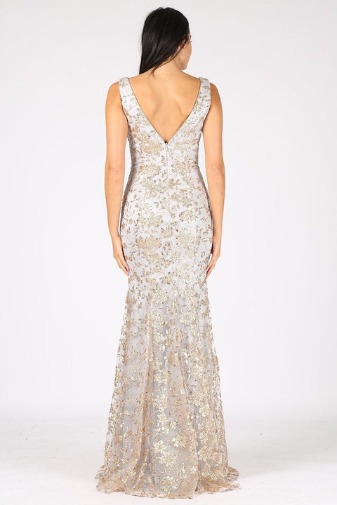 Eureka 9706 glitter print fitted v-neck gown — PEWTER.GOLD3