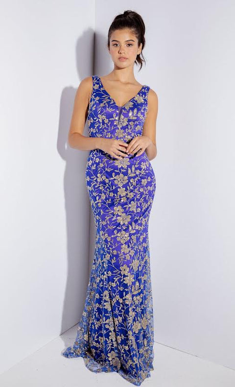 Eureka 9706 glitter print fitted v-neck gown — ROYAL.GOLD