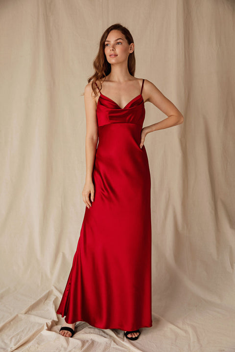 Eureka 9711 satin fitted long cowl neck dress — BURGUNDY