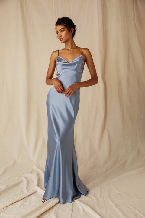 Eureka 9711 satin fitted long cowl neck dress — DUSTYBLUE