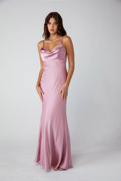Eureka 9711 satin fitted long cowl neck dress — DUSTYROSE2