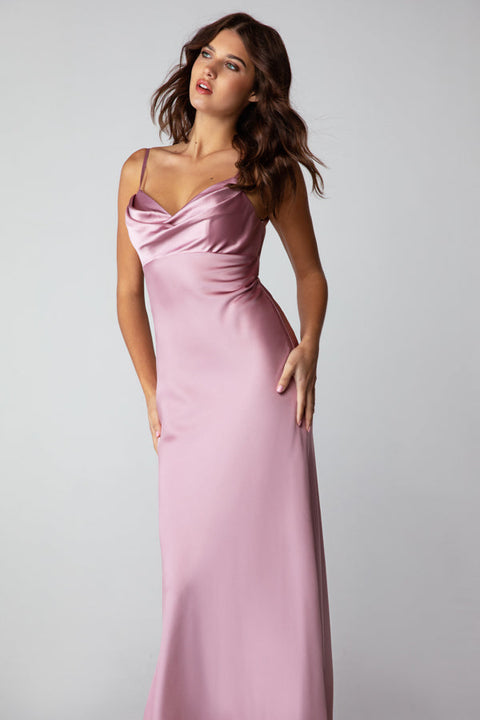 Eureka 9711 satin fitted long cowl neck dress — DUSTYROSE3