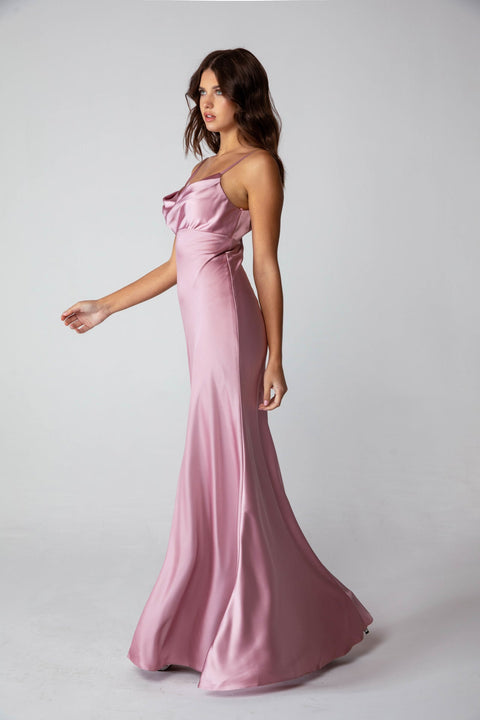 Eureka 9711 satin fitted long cowl neck dress — DUSTYROSE