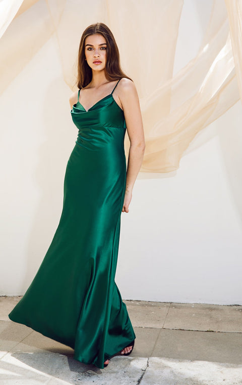 Eureka 9711 satin fitted long cowl neck dress — HUNTERGREEN