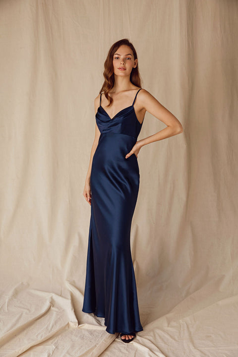 Eureka 9711 satin fitted long cowl neck dress — NAVY