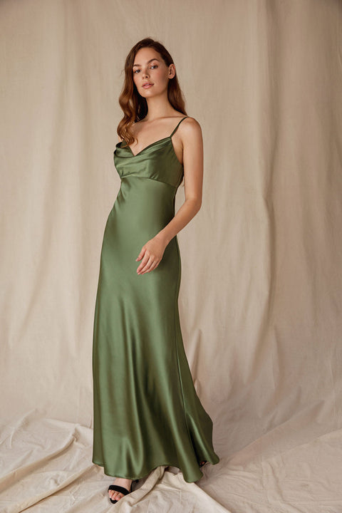 Eureka 9711 satin fitted long cowl neck dress — OLIVE