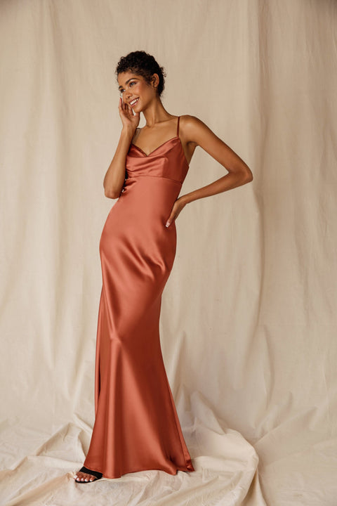 Eureka 9711 satin fitted long cowl neck dress — SIENNA