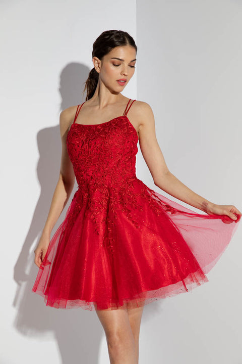 Eureka 9727 applique short sleeveless a-line dress — RED