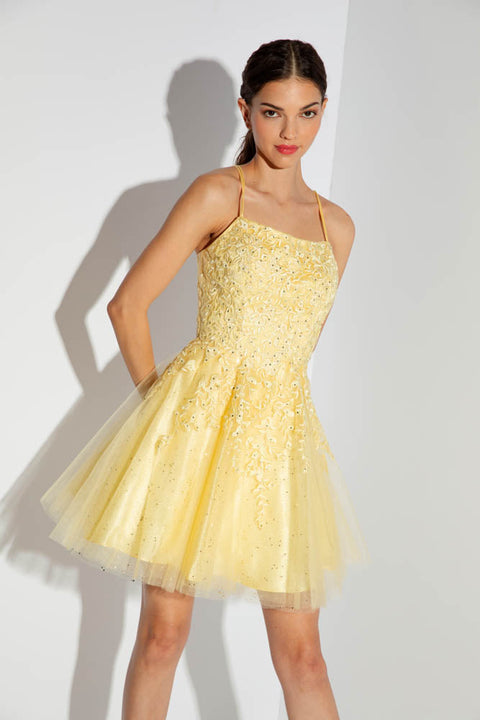 Eureka 9727 applique short sleeveless a-line dress — YELLOW