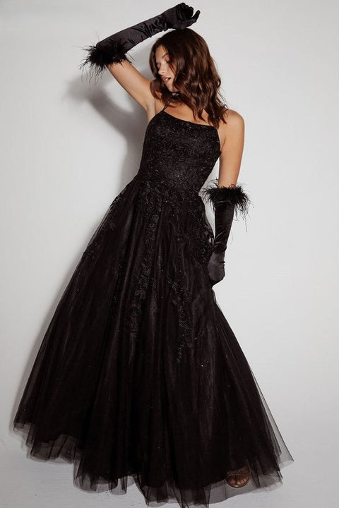 Eureka 9757 embroidered sleeveless a-line gown — BLACK