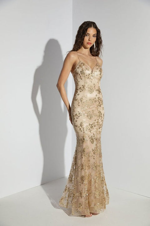 Eureka 9788 glitter print fitted sleeveless gown — CHAMPAGNE