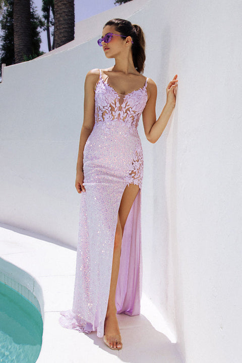 Eureka 9790 embroidered sequin v-neck slit gown — LILAC