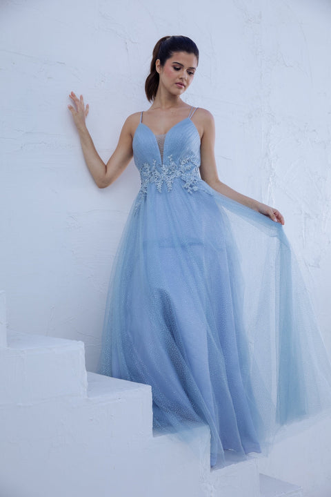 Eureka 9797 applique sleeveless a-line gown — DUSTYBLUE1