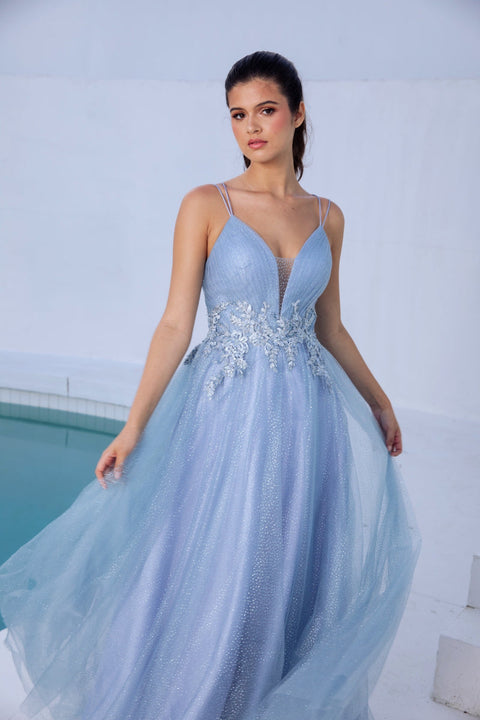 Eureka 9797 applique sleeveless a-line gown — DUSTYBLUE2