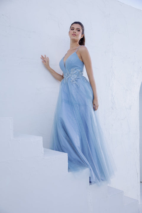 Eureka 9797 applique sleeveless a-line gown — DUSTYBLUE3