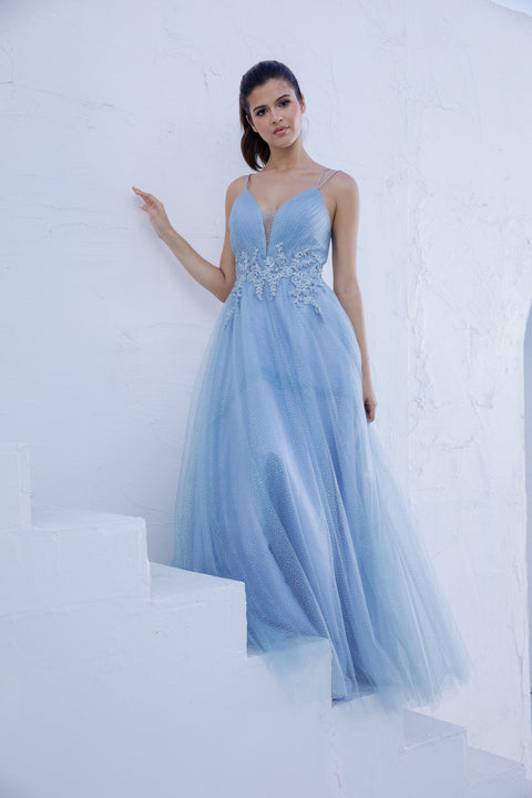 Eureka 9797 applique sleeveless a-line gown — DUSTYBLUE