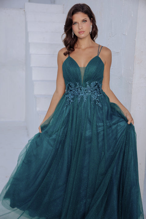 Eureka 9797 applique sleeveless a-line gown — EMERALD